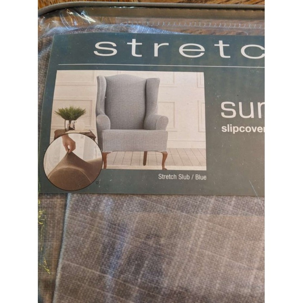 NEW Sure fit Stretch Slub velour One Piece Wing Chair Slipcover blue washable